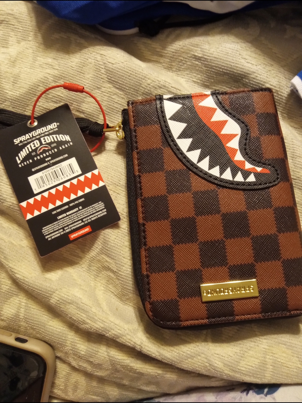 Sprayground Brown Checkerboard Shark Zip Card Wallet with Gold Plate